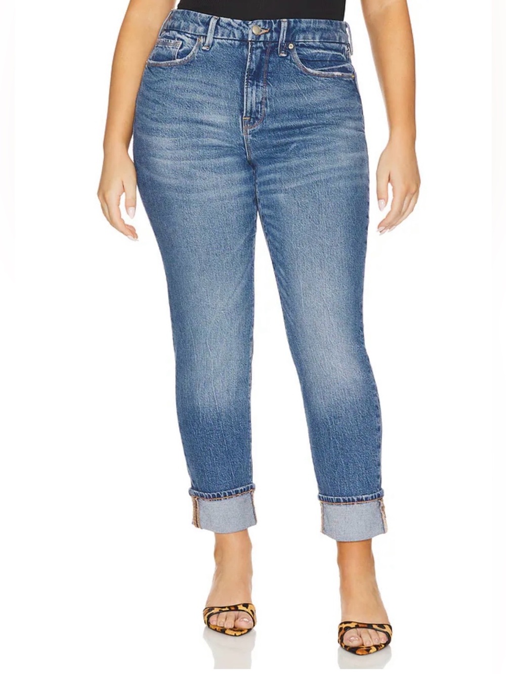 Good American Jeans Women 14 The Weekender Cuffed Blue High Rise Straight Leg
